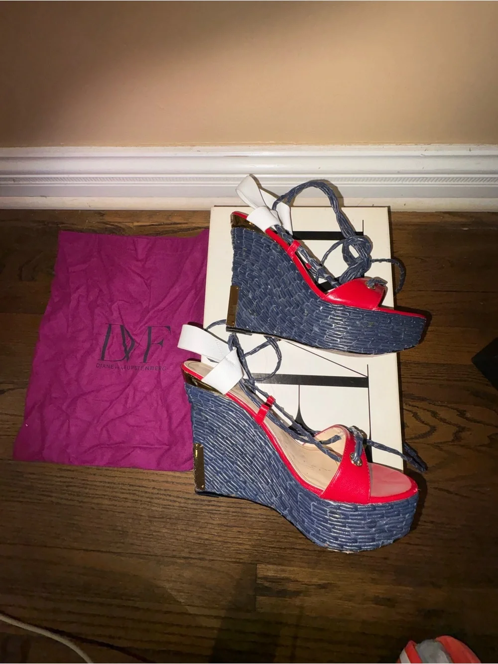 Diane Von Furstenberg Red, White and Black Lace-Up Wedge Sandals